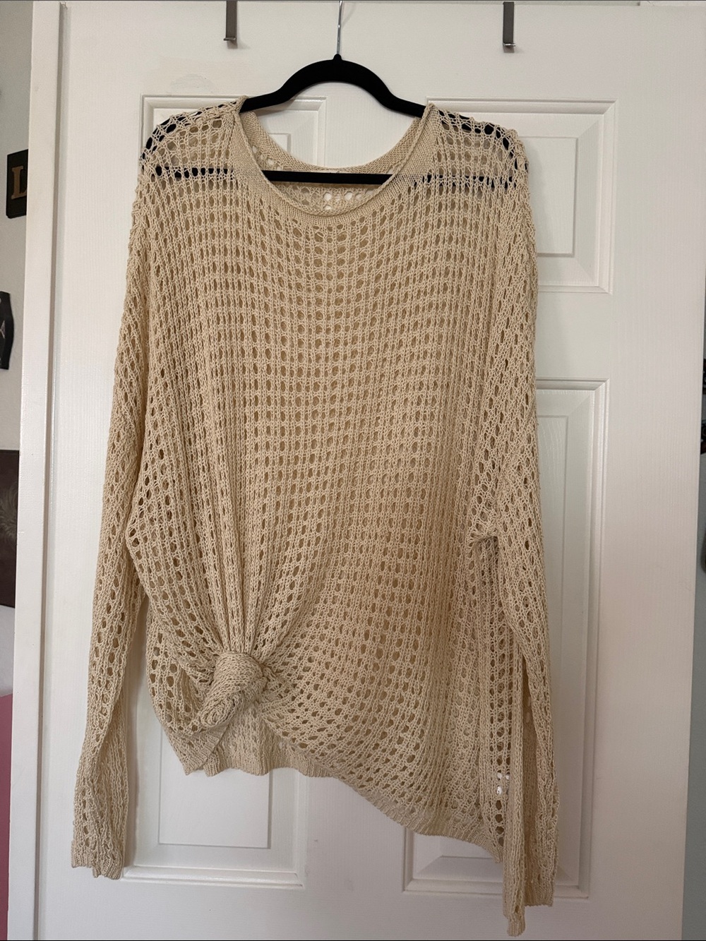 easel Open-Knit Cream Scoop Neck Sweater with Front Knot